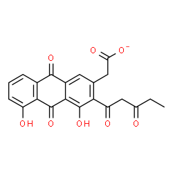 ChemSpider 2D Image | [4,5-Dihydroxy-9,10-dioxo-3-(3-oxopentanoyl)-9,10-dihydro-2-anthracenyl]acetate | C21H15O8