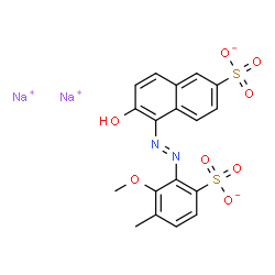 ChemSpider 2D Image | Disodium 6-hydroxy-5-[(E)-(2-methoxy-3-methyl-6-sulfonatophenyl)diazenyl]-2-naphthalenesulfonate | C18H14N2Na2O8S2