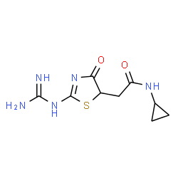 ChemSpider 2D Image | 2-(2-Carbamimidamido-4-oxo-4,5-dihydro-1,3-thiazol-5-yl)-N-cyclopropylacetamide | C9H13N5O2S