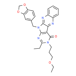 ChemSpider 2D Image | 11-(1,3-Benzodioxol-5-ylmethyl)-3-(3-ethoxypropyl)-2-ethyl-3,11-dihydro-4H-pyrimido[5',4':4,5]pyrrolo[2,3-b]quinoxalin-4-one | C27H27N5O4