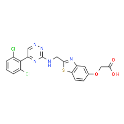 ChemSpider 2D Image | {[2-({[5-(2,6-Dichlorophenyl)-1,2,4-triazin-3-yl]amino}methyl)-1,3-benzothiazol-5-yl]oxy}acetic acid | C19H13Cl2N5O3S