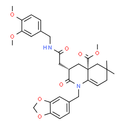ChemSpider 2D Image | Methyl (3S,4aR)-1-(1,3-benzodioxol-5-ylmethyl)-3-{2-[(3,4-dimethoxybenzyl)amino]-2-oxoethyl}-6,6-dimethyl-2-oxo-1,3,4,5,6,7-hexahydro-4a(2H)-quinolinecarboxylate | C32H38N2O8