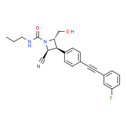 ChemSpider 2D Image | (2S,3S,4S)-2-Cyano-3-{4-[(3-fluorophenyl)ethynyl]phenyl}-4-(hydroxymethyl)-N-propyl-1-azetidinecarboxamide | C23H22FN3O2