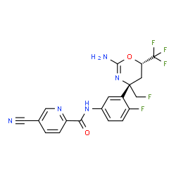 ChemSpider 2D Image | N-{3-[(4S,6S)-2-Amino-4-(fluoromethyl)-6-(trifluoromethyl)-5,6-dihydro-4H-1,3-oxazin-4-yl]-4-fluorophenyl}-5-cyano-2-pyridinecarboxamide | C19H14F5N5O2