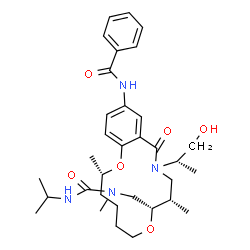 ChemSpider 2D Image | N-[(3S,9S,10S)-12-[(2S)-1-hydroxypropan-2-yl]-3,10-dimethyl-9-[[methyl-[oxo-(propan-2-ylamino)methyl]amino]methyl]-13-oxo-2,8-dioxa-12-azabicyclo[12.4.0]octadeca-1(14),15,17-trien-16-yl]benzamide | C33H48N4O6