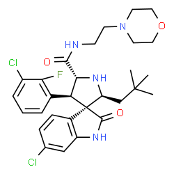 ChemSpider 2D Image | (2'S,3R,4'S,5'R)-6-Chloro-4'-(3-chloro-2-fluorophenyl)-2'-(2,2-dimethylpropyl)-N-[2-(4-morpholinyl)ethyl]-2-oxo-1,2-dihydrospiro[indole-3,3'-pyrrolidine]-5'-carboxamide | C29H35Cl2FN4O3