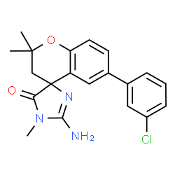 ChemSpider 2D Image | 2'-Amino-6-(3-chlorophenyl)-1',2,2-trimethyl-2,3-dihydrospiro[chromene-4,4'-imidazol]-5'(1'H)-one | C20H20ClN3O2