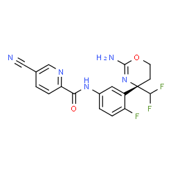 ChemSpider 2D Image | N-{3-[(4S)-2-Amino-4-(difluoromethyl)-5,6-dihydro-4H-1,3-oxazin-4-yl]-4-fluorophenyl}-5-cyano-2-pyridinecarboxamide | C18H14F3N5O2
