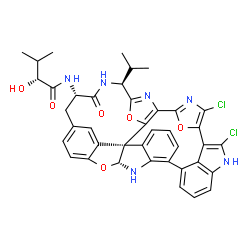 ChemSpider 2D Image | (2R)-N-[(10S,13S,20S,21R)-3,35-Dichloro-10-isopropyl-12-oxo-8,37,40-trioxa-4,11,22,34,39-pentaazadecacyclo[27.6.1.1~2,5~.1~6,9~.1~15,19~.1~18,21~.0~7,20~.0~20,24~.0~23,28~.0~33,36~]tetraconta-1(35),2,
4,6,9(39),15(38),16,18,23,25,27,29(36),30,32-tetradecaen-13-yl]-2-hydroxy-3-methylbutanamide | C40H34Cl2N6O6
