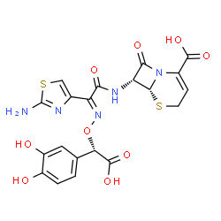 ChemSpider 2D Image | (6R,7R)-7-{[(2E)-2-(2-Amino-1,3-thiazol-4-yl)-2-{[(S)-carboxy(3,4-dihydroxyphenyl)methoxy]imino}acetyl]amino}-8-oxo-5-thia-1-azabicyclo[4.2.0]oct-2-ene-2-carboxylic acid | C20H17N5O9S2