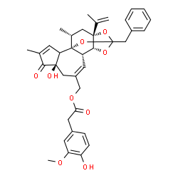 ChemSpider 2D Image | [(1R,6R,10S,11R,15R,17R)-13-Benzyl-6-hydroxy-15-isopropenyl-4,17-dimethyl-5-oxo-12,14,18-trioxapentacyclo[11.4.1.0~1,10~.0~2,6~.0~11,15~]octadeca-3,8-dien-8-yl]methyl (4-hydroxy-3-methoxyphenyl)acetat
e | C37H40O9