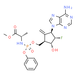 ChemSpider 2D Image | Methyl N-[{[(1R,3R,4S,5R)-3-(6-amino-9H-purin-9-yl)-4-fluoro-5-hydroxy-2-methylenecyclopentyl]methoxy}(phenoxy)phosphoryl]-L-alaninate | C22H26FN6O6P