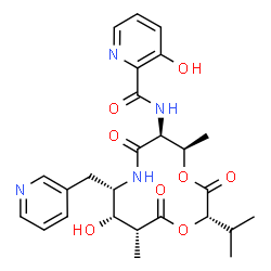 ChemSpider 2D Image | 3-Hydroxy-N-[(2S,5R,6S,9S,10S,11R)-10-hydroxy-2-isopropyl-5,11-dimethyl-3,7,12-trioxo-9-(3-pyridinylmethyl)-1,4-dioxa-8-azacyclododecan-6-yl]-2-pyridinecarboxamide | C26H32N4O8