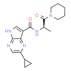ChemSpider 2D Image | 2-Cyclopropyl-N-[(2R)-1-oxo-1-(1-piperidinyl)-2-propanyl]-4H-pyrrolo[2,3-b]pyrazine-7-carboxamide | C18H23N5O2