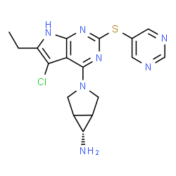 ChemSpider 2D Image | 3-[5-Chloro-6-ethyl-2-(5-pyrimidinylsulfanyl)-7H-pyrrolo[2,3-d]pyrimidin-4-yl]-3-azabicyclo[3.1.0]hexan-6-amine | C17H18ClN7S