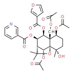 ChemSpider 2D Image | (1S,2S,5S,6S,7S,8R,9R,12R)-5,12-Diacetoxy-6-(acetoxymethyl)-7-(3-furoyloxy)-2-hydroxy-2,10,10-trimethyl-11-oxatricyclo[7.2.1.0~1,6~]dodec-8-yl nicotinate | C32H37NO13