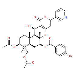 ChemSpider 2D Image | (3S,4R,4aR,6S,6aS,12R,12aS,12bS)-3-Acetoxy-4-(acetoxymethyl)-12-hydroxy-4,6a,12b-trimethyl-11-oxo-9-(3-pyridinyl)-1,3,4,4a,5,6,6a,12,12a,12b-decahydro-2H,11H-benzo[f]pyrano[4,3-b]chromen-6-yl 4-bromob
enzoate | C36H38BrNO10