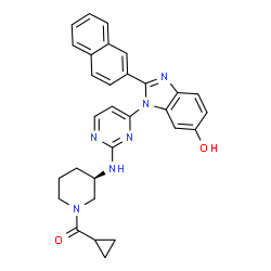 ChemSpider 2D Image | Cyclopropyl[(3R)-3-({4-[6-hydroxy-2-(2-naphthyl)-1H-benzimidazol-1-yl]-2-pyrimidinyl}amino)-1-piperidinyl]methanone | C30H28N6O2