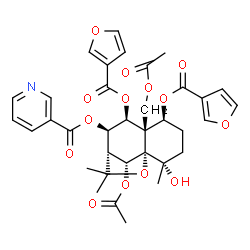 ChemSpider 2D Image | (1S,2S,5S,6S,7S,8R,9R,12R)-12-Acetoxy-6-(acetoxymethyl)-5,7-bis(3-furoyloxy)-2-hydroxy-2,10,10-trimethyl-11-oxatricyclo[7.2.1.0~1,6~]dodec-8-yl nicotinate | C35H37NO14