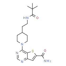 ChemSpider 2D Image | 4-(4-{2-[(2,2-Dimethylpropanoyl)amino]ethyl}-1-piperidinyl)thieno[3,2-d]pyrimidine-6-carboxamide | C19H27N5O2S