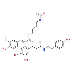 ChemSpider 2D Image | (2E)-N-(4-Acetamidobutyl)-2-[4,5-dihydroxy-2-(3-{[2-(4-hydroxyphenyl)ethyl]amino}-3-oxopropyl)phenyl]-3-(4-hydroxy-3-methoxyphenyl)acrylamide | C33H39N3O8