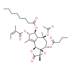 ChemSpider 2D Image | (1S,2S,3bS,5aS,6aR,7S,9S,9aR)-9-Acetoxy-7-(butyryloxy)-3,5a,9-trimethyl-2-{[(2Z)-2-methyl-2-butenoyl]oxy}-5-oxo-2,3b,5,5a,7,8,9,9a-octahydro-1H-azuleno[4,5-b]oxireno[c]furan-1-yl octanoate | C34H48O11