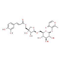 ChemSpider 2D Image | 2-Methyl-4-oxo-4H-pyran-3-yl 6-O-[(2R,3R,4S)-4-({[(2E)-3-(3,4-dihydroxyphenyl)-2-propenoyl]oxy}methyl)-3,4-dihydroxytetrahydro-2-furanyl]-beta-D-glucopyranoside | C26H30O15