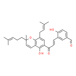ChemSpider 2D Image | 4-Hydroxy-3-{(1E)-3-[5-hydroxy-2-methyl-8-(3-methyl-2-buten-1-yl)-2-(4-methyl-3-penten-1-yl)-2H-chromen-6-yl]-3-oxo-1-propen-1-yl}benzaldehyde | C31H34O5