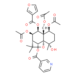 ChemSpider 2D Image | (1S,2S,5S,6S,7S,8R,9R,12R)-5,8-Diacetoxy-6-(acetoxymethyl)-7-(3-furoyloxy)-2-hydroxy-2,10,10-trimethyl-11-oxatricyclo[7.2.1.0~1,6~]dodec-12-yl nicotinate | C32H37NO13
