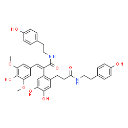 ChemSpider 2D Image | (2E)-2-[4,5-Dihydroxy-2-(3-{[2-(4-hydroxyphenyl)ethyl]amino}-3-oxopropyl)phenyl]-3-(4-hydroxy-3,5-dimethoxyphenyl)-N-[2-(4-hydroxyphenyl)ethyl]acrylamide | C36H38N2O9