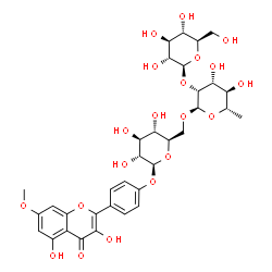 ChemSpider 2D Image | 4-(3,5-Dihydroxy-7-methoxy-4-oxo-4H-chromen-2-yl)phenyl beta-D-glucopyranosyl-(1->2)-6-deoxy-alpha-L-mannopyranosyl-(1->6)-beta-D-glucopyranoside | C34H42O20