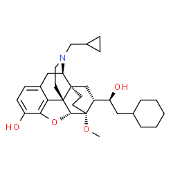 ChemSpider 2D Image | (5alpha,6beta,14beta,18R)-18-[(1S)-2-Cyclohexyl-1-hydroxyethyl]-17-(cyclopropylmethyl)-6-methoxy-18,19-dihydro-4,5-epoxy-6,14-ethenomorphinan-3-ol | C31H43NO4
