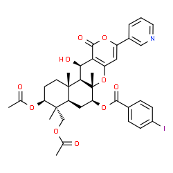 ChemSpider 2D Image | (3S,4R,4aR,6S,6aS,12R,12aS,12bS)-3-Acetoxy-4-(acetoxymethyl)-12-hydroxy-4,6a,12b-trimethyl-11-oxo-9-(3-pyridinyl)-1,3,4,4a,5,6,6a,12,12a,12b-decahydro-2H,11H-benzo[f]pyrano[4,3-b]chromen-6-yl 4-iodobe
nzoate | C36H38INO10