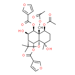 ChemSpider 2D Image | (1S,2S,5S,6S,7S,8R,9R,12R)-5-Acetoxy-6-(acetoxymethyl)-2,8-dihydroxy-2,10,10-trimethyl-11-oxatricyclo[7.2.1.0~1,6~]dodecane-7,12-diyl di(3-furoate) | C29H34O13