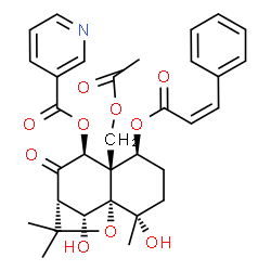 ChemSpider 2D Image | (1S,2S,5S,6S,7S,9R,12R)-6-(Acetoxymethyl)-2,12-dihydroxy-2,10,10-trimethyl-8-oxo-5-{[(2Z)-3-phenyl-2-propenoyl]oxy}-11-oxatricyclo[7.2.1.0~1,6~]dodec-7-yl nicotinate | C32H35NO10