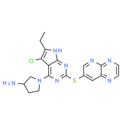 ChemSpider 2D Image | 1-[5-Chloro-6-ethyl-2-(pyrido[2,3-b]pyrazin-7-ylsulfanyl)-1H-pyrrolo[2,3-d]pyrimidin-4-yl]-3-pyrrolidinamine | C19H19ClN8S
