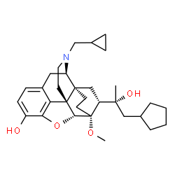 ChemSpider 2D Image | (5alpha,6beta,14beta,18R)-18-[(2R)-1-Cyclopentyl-2-hydroxy-2-propanyl]-17-(cyclopropylmethyl)-6-methoxy-18,19-dihydro-4,5-epoxy-6,14-ethenomorphinan-3-ol | C31H43NO4