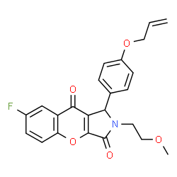 ChemSpider 2D Image | 1-[4-(Allyloxy)phenyl]-7-fluoro-2-(2-methoxyethyl)-1,2-dihydrochromeno[2,3-c]pyrrole-3,9-dione | C23H20FNO5