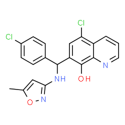 ChemSpider 2D Image | 5-Chloro-7-{(4-chlorophenyl)[(5-methyl-1,2-oxazol-3-yl)amino]methyl}-8-quinolinol | C20H15Cl2N3O2