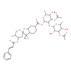 ChemSpider 2D Image | 3-O-Acetyl-2-O-(3-O-acetyl-6-deoxyhexopyranosyl)-1-O-{[4''-(cinnamoyloxy)-5''-methyldecahydrodispiro[oxirane-2,3'-[1]benzofuran-2',2''-pyran]-6'-yl]carbonyl}-6-deoxyhexopyranose | C40H52O17