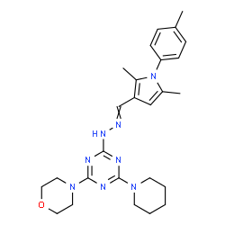 ChemSpider 2D Image | 2-(2-{[2,5-Dimethyl-1-(4-methylphenyl)-1H-pyrrol-3-yl]methylene}hydrazino)-4-(4-morpholinyl)-6-(1-piperidinyl)-1,3,5-triazine | C26H34N8O