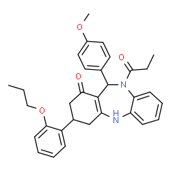 ChemSpider 2D Image | 11-(4-Methoxyphenyl)-10-propionyl-3-(2-propoxyphenyl)-2,3,4,5,10,11-hexahydro-1H-dibenzo[b,e][1,4]diazepin-1-one | C32H34N2O4