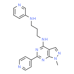 ChemSpider 2D Image | N-[1-Methyl-6-(4-pyridinyl)-1H-pyrazolo[3,4-d]pyrimidin-4-yl]-N'-(3-pyridinyl)-1,3-propanediamine | C19H20N8