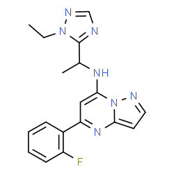 ChemSpider 2D Image | N-[1-(1-Ethyl-1H-1,2,4-triazol-5-yl)ethyl]-5-(2-fluorophenyl)pyrazolo[1,5-a]pyrimidin-7-amine | C18H18FN7