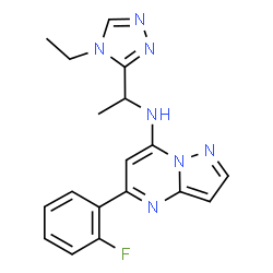 ChemSpider 2D Image | N-[1-(4-Ethyl-4H-1,2,4-triazol-3-yl)ethyl]-5-(2-fluorophenyl)pyrazolo[1,5-a]pyrimidin-7-amine | C18H18FN7