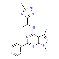 ChemSpider 2D Image | 1,3-Dimethyl-N-[1-(3-methyl-1H-1,2,4-triazol-5-yl)ethyl]-6-(4-pyridinyl)-1H-pyrazolo[3,4-d]pyrimidin-4-amine | C17H19N9