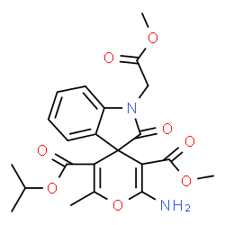ChemSpider 2D Image | 5'-Isopropyl 3'-methyl 2'-amino-1-(2-methoxy-2-oxoethyl)-6'-methyl-2-oxo-1,2-dihydrospiro[indole-3,4'-pyran]-3',5'-dicarboxylate | C22H24N2O8