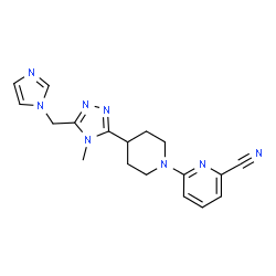 ChemSpider 2D Image | 6-{4-[5-(1H-Imidazol-1-ylmethyl)-4-methyl-4H-1,2,4-triazol-3-yl]-1-piperidinyl}-2-pyridinecarbonitrile | C18H20N8