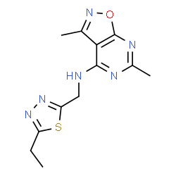 ChemSpider 2D Image | N-[(5-Ethyl-1,3,4-thiadiazol-2-yl)methyl]-3,6-dimethyl[1,2]oxazolo[5,4-d]pyrimidin-4-amine | C12H14N6OS