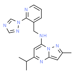 ChemSpider 2D Image | 5-Isopropyl-2-methyl-N-{[2-(1H-1,2,4-triazol-1-yl)-3-pyridinyl]methyl}pyrazolo[1,5-a]pyrimidin-7-amine | C18H20N8